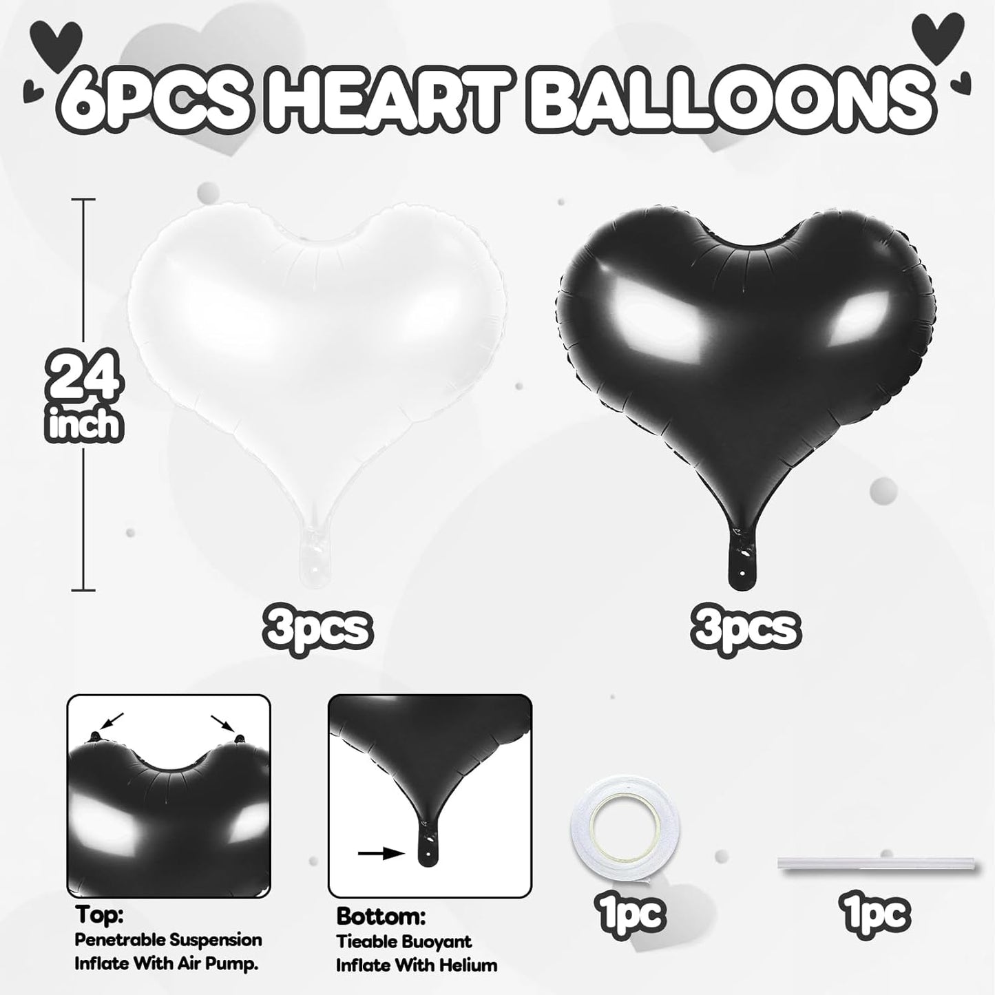 24 Inch Black White Heart Balloons, White Heart Foil Balloons, Black Balloon for Valentines Day Bridal Shower Anniversary Wedding Birthday Party Decorations