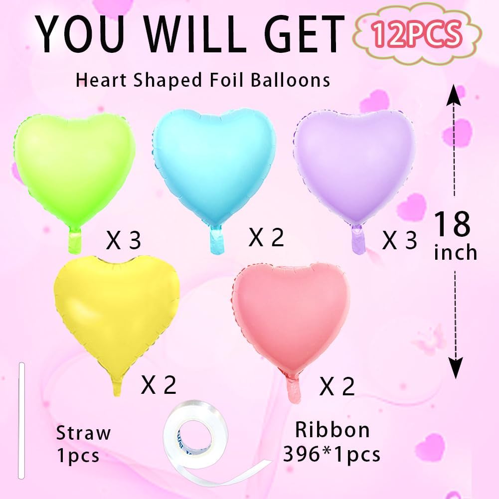 5 Colors Heart Balloons，18 Inch Color of Macaron Foil Mylar Love Heart Shaped Balloons for Anniversary Wedding Engagement Celebration Birthday Party Baby Shower Decorations(12Pcs)