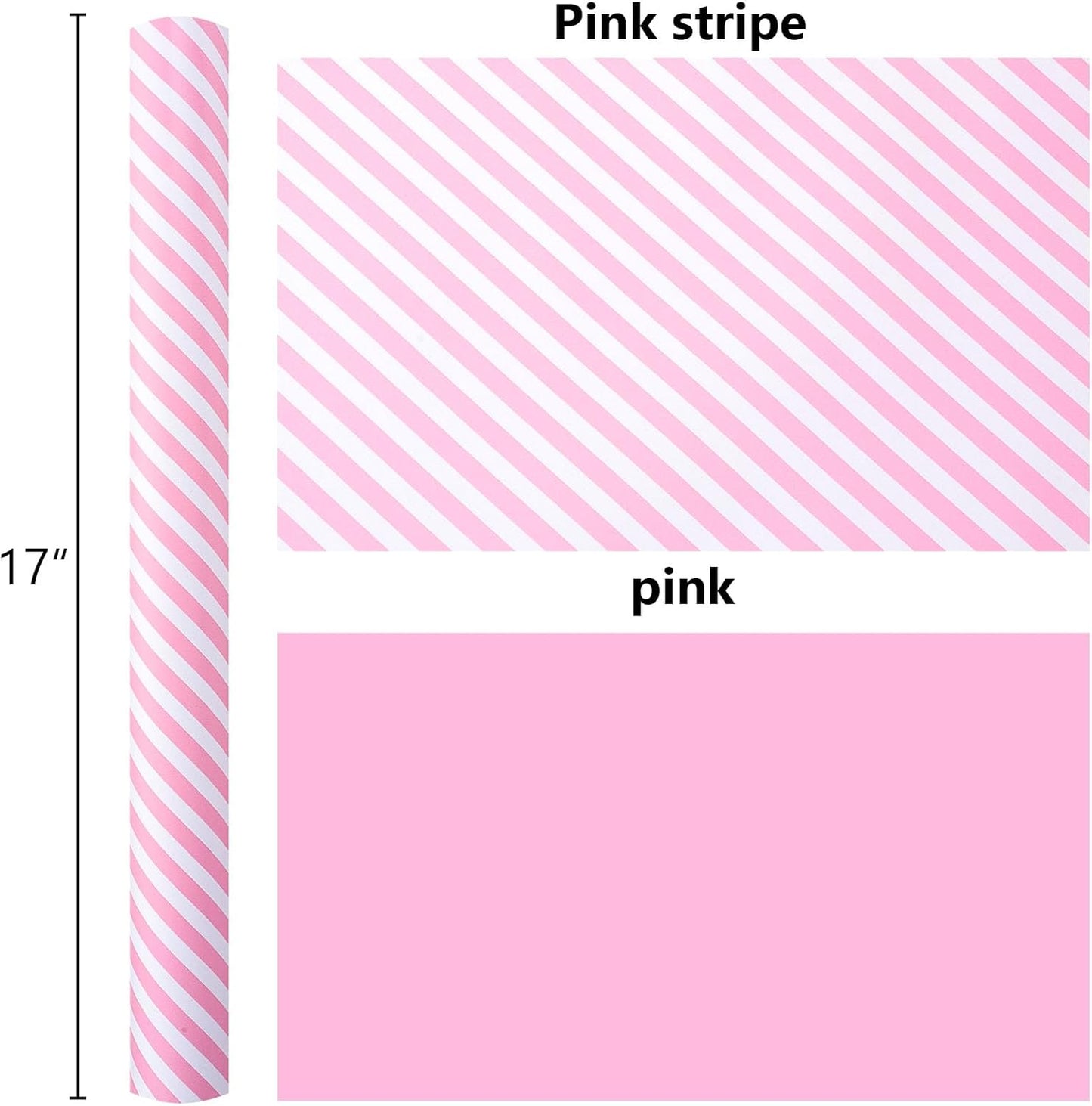 Burymento Pink and White Stripes Wrapping Paper, Reversible Pink Gift Wrap for Birthday, Valentines, Mothers day, Graduation, Wedding, Fathers day, Baby Shower, Christmas (17in x 32.8ft)