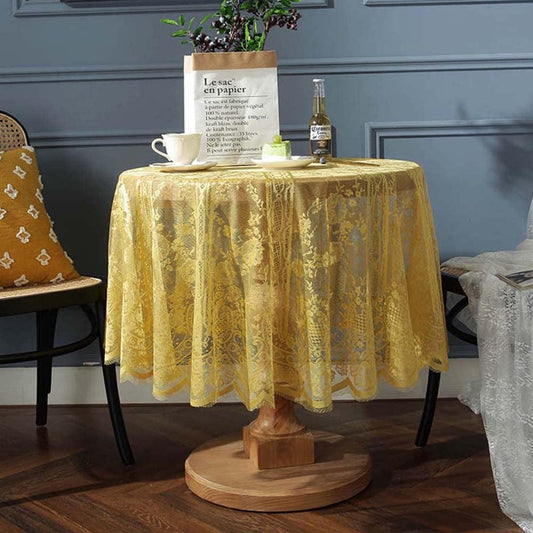 Vintage 60 inch Yellow Lace Tablecloth Floral Embroidered Boho Shabby Chic Small Table Cover for Wedding Halloween Party Dinning Holiday, 1 Piece