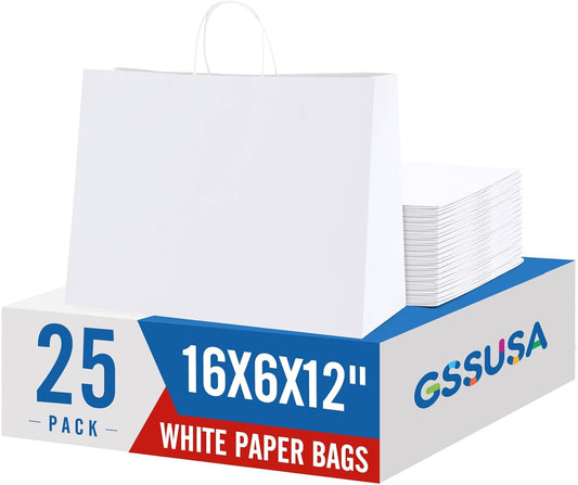 GSSUSA Large Paper Gift Bags 16x6x12'' 25Pcs White Paper Bags with Handles, Shopping Bag for Small Business, Sturdy Kraft Paper, for Boutique, Party Favor Bag, Valentine's Day Craft