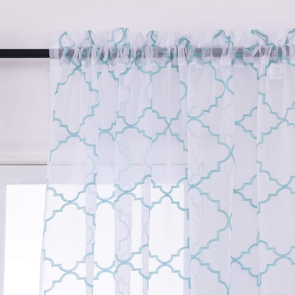 Blue Sheer Curtains 84 Inches Long, Moroccan Embroidered Rod Pocket Sheer Drapes for Living room, Bedroom, 2 Panels, 52"x 84", Semi Crinkle Voile Window Treatments for Yard, Patio, Villa, Set of 2.