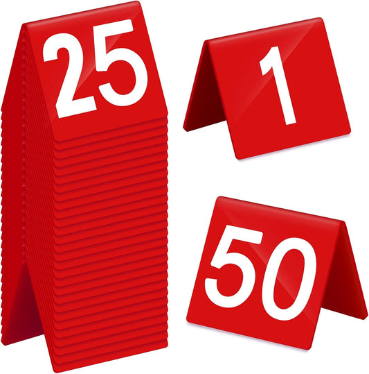 Tuanse Table Numbers 1-50 Acrylic Double Side Numbered Table Tents Restaurant Wedding Number Cards Signs for Banquets Party Wedding Reception(Red)