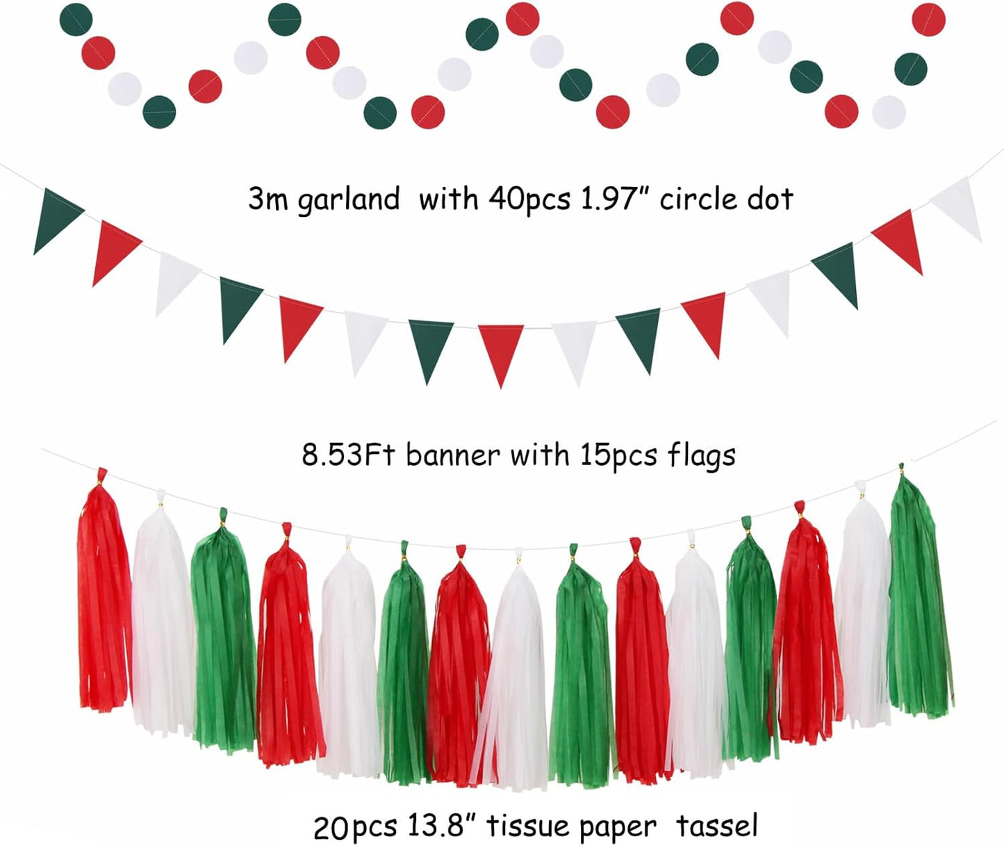 Red-Green White Christmas Party-Decorations - 33pcs Banner,Mexico Italy Streamers Tassel Garland,Tissue Pom Poms Honeycomb,Paper Lantern Fans,Mexican Italian Birthday Wedding Baby Shower Decor Hugtmr