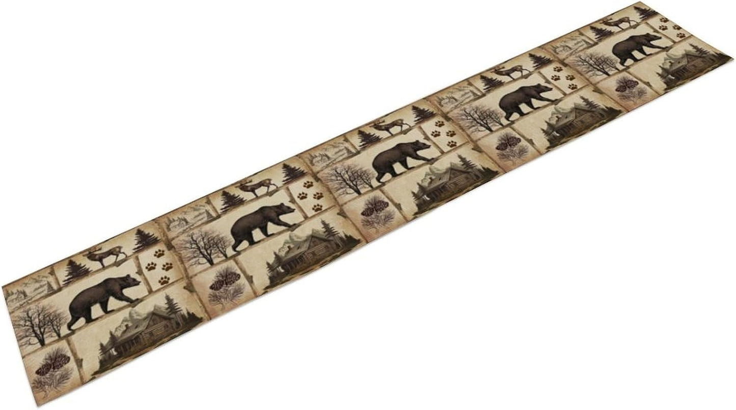 Rustic Cabin Table Runner, Retro Moose Cone Deer Bear Farmhouse Lodge Table Runner for Dinner Living Room Kitchen Vintage Country Cottage 13x60 Inch