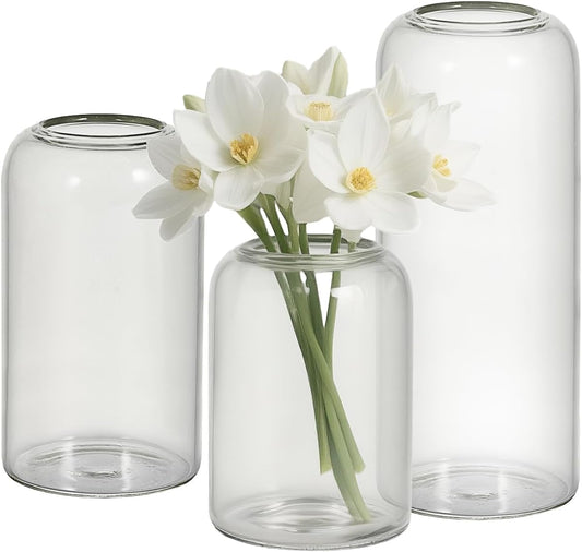 Glass Bud Vases Set of 3 Clear Flower Vase for Centerpieces Shelf, 3.9'' 4.9'' 6.7'' Modern Small Vases for Living Room Bedroom Office Home, Decor for Wedding House Warming Party