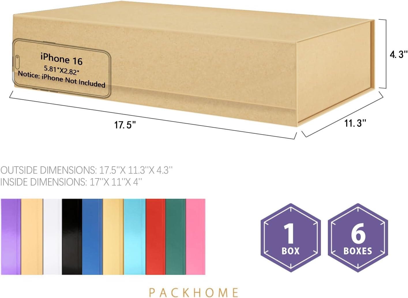 PACKHOME Extra Large Gift Box 17.5x11.3x4.3 Inches, Sturdy Shirt Box with Magnetic Lid for Clothes and Large Gifts (Kraft)