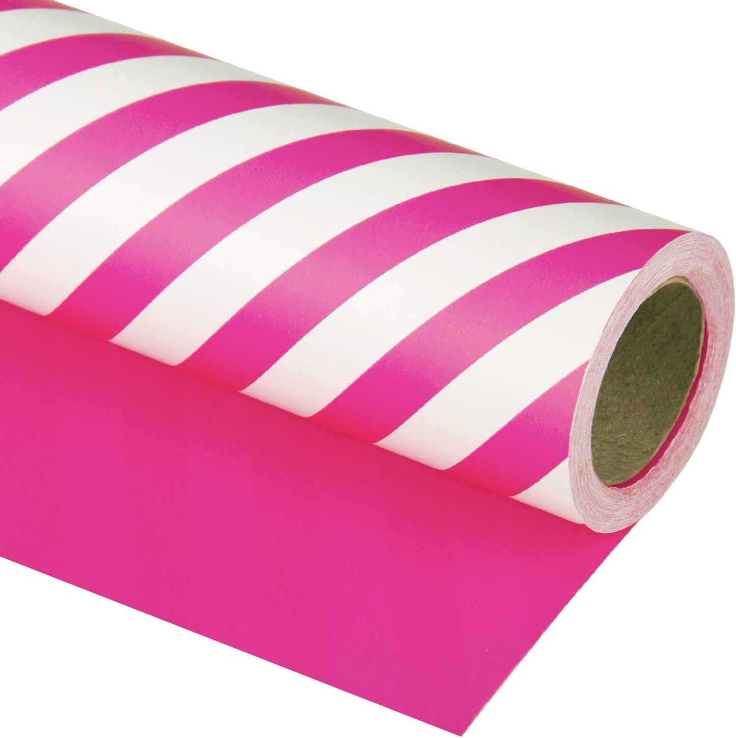 WRAPAHOLIC Reversible Wrapping Paper - Mini Roll - 17 Inch x 33 Feet - Hot Pink and Stripes Design for Birthday, Holiday, Wedding, Baby Shower