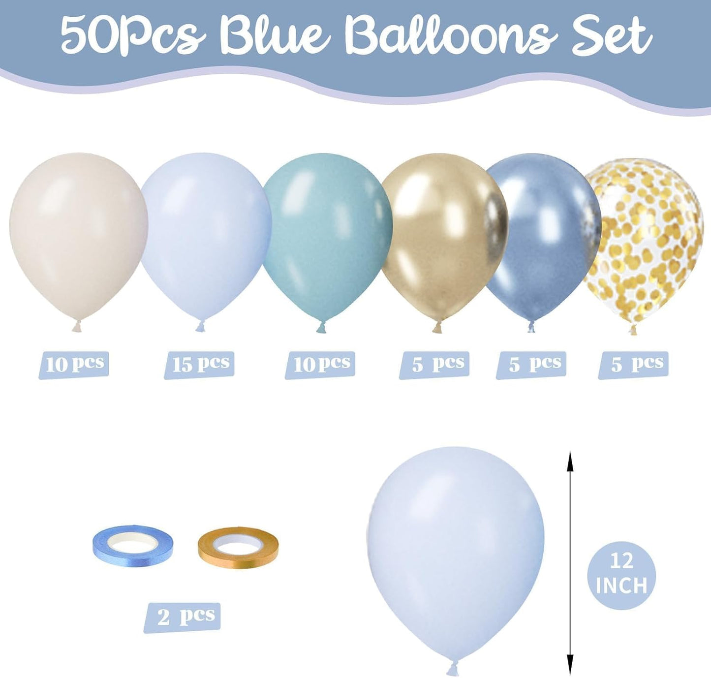 Paready Blue Balloons Set, 50 Blue & Gold Balloons, 12 Inch Metallic Blue & Gold Confetti for Boys Birthday, Boho Wedding & Graduation