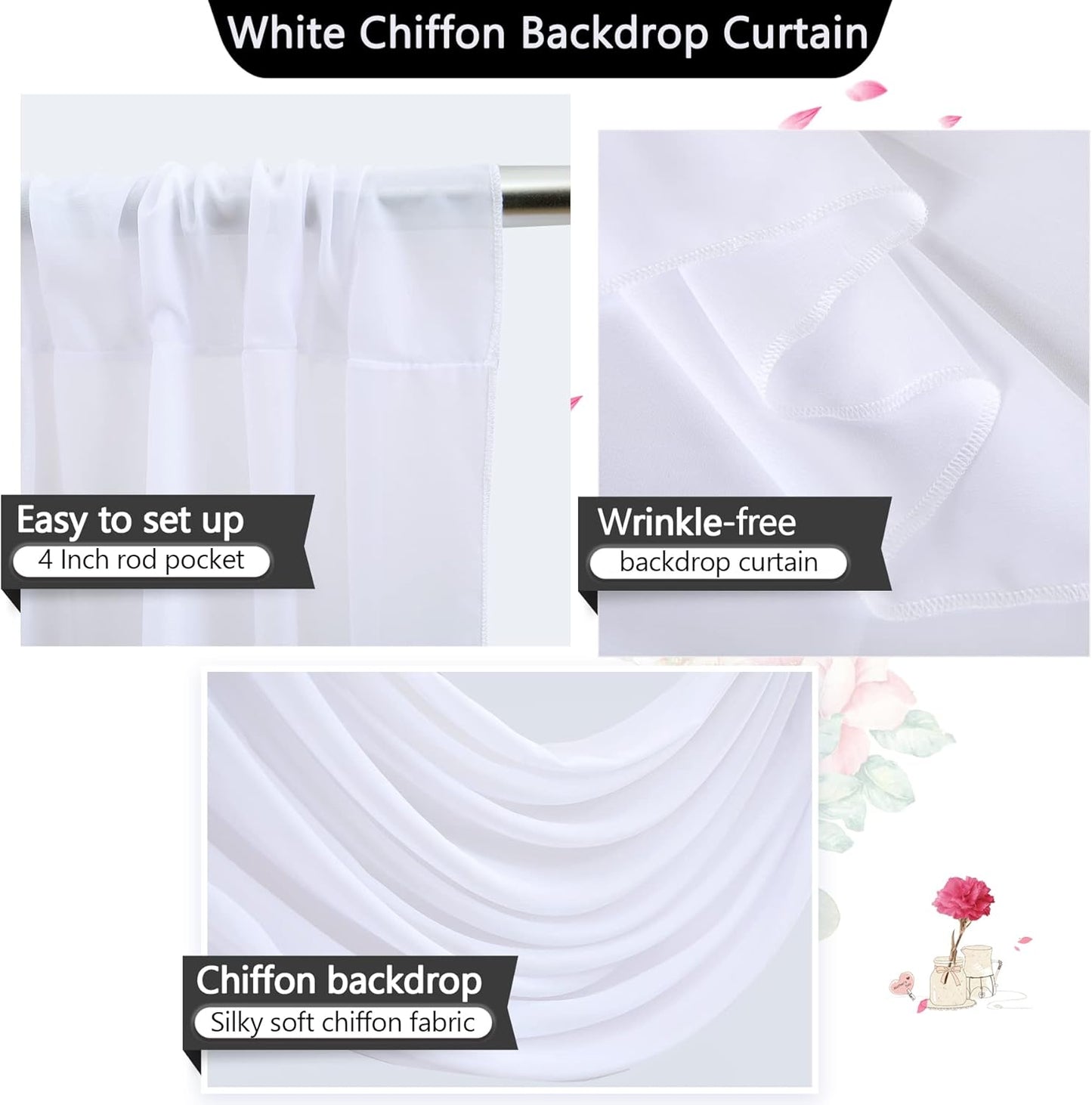 PARTISKY 10x7ft White Chiffon Backdrop Curtains (2 Panels 5x7ft Each) - Wrinkle-Free Sheer Fabric Photo Drapes for Wedding Ceremony Arch Birthday Baby Shower Photography Stage Decor