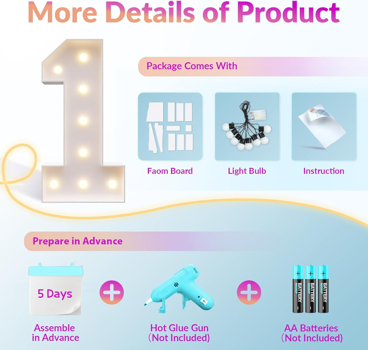 JoyMuse Marquee Numbers 3 Feet Tall, Light Up Numbers with Lights, Large Numbers for Party, Number 4 Light Up Numbers for Baby Showe Anniversary Birthday Decorations for Girls Boys