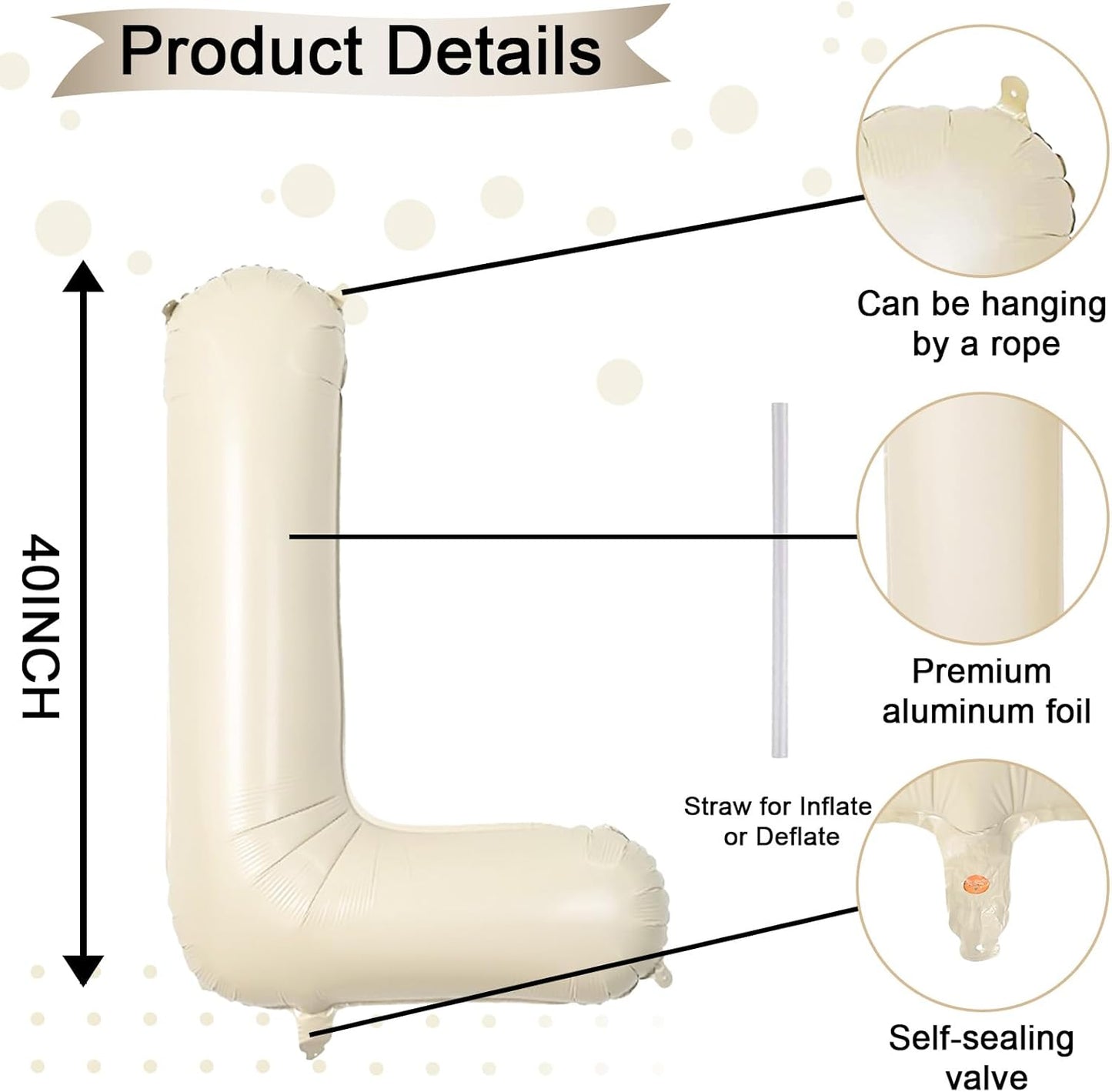 40 Inch Letter Balloons L, Big Custom A-Z Alphabet Foil Name Balloon Cream White, Self Inflating Beige Customize Helium Balloon Letters L for Women Girls Birthday Bride Baby Shower Party Decorations