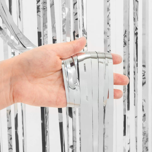 Foil Fringe Curtain Christmas Party Decorations - Silver Metallic Tinsel Photo Booth Backdrop Party Steamers Curtains for 25th Birthdays Decorations Anniversary New Years Eve Bachelorette Parties