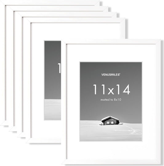 11x14 inch Picture Frame, 11x14 Photo Frames with 8x10 Removable Mat - High Definition Plexiglass - Vertical and Horizontal Display - Wall Hanging Frame - White, 5 Pack