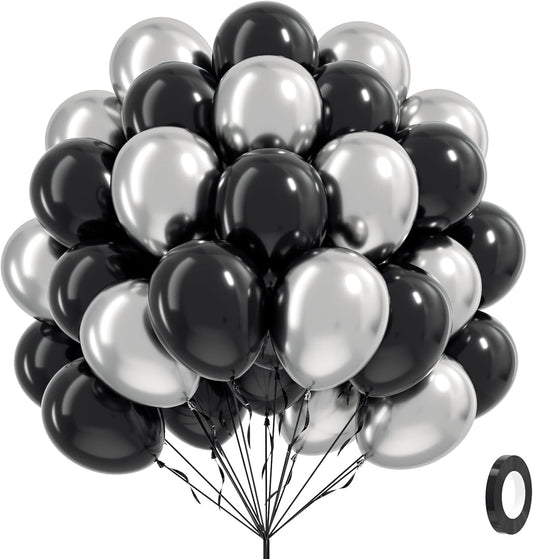Black and Silver Balloons, 60pcs 12inch Black Metallic Silver Balloons for Graduation 2025 Birthday Party Decorations