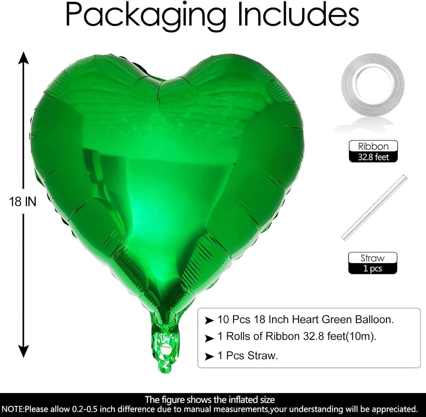10Pcs Green Foil Heart Shaped Balloons 18 Inch Mylar for Baby Shower, Wedding, Valentine Decorations - Love Party Decor