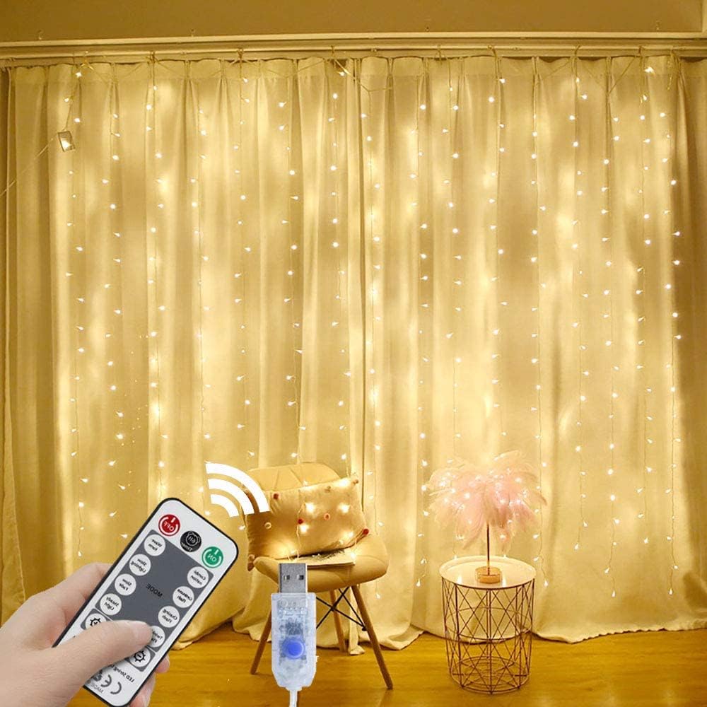 YEOLEH String Lights Curtain,USB Powered Fairy Lights for Party Bedroom Wall,8 Lighting Modes & IP64 Waterproof Ideal for Wedding Valentines Day Decor (Warm White)
