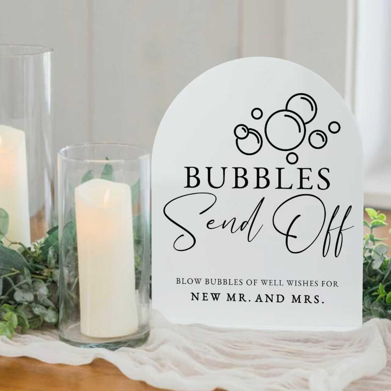 White Arch Acrylic Wedding Sign- 8"x10" Bubbles Send Off Sign and Base,1/8" Thick | Modern Calligraphy Arched Acrylic Signs for Wedding & Party