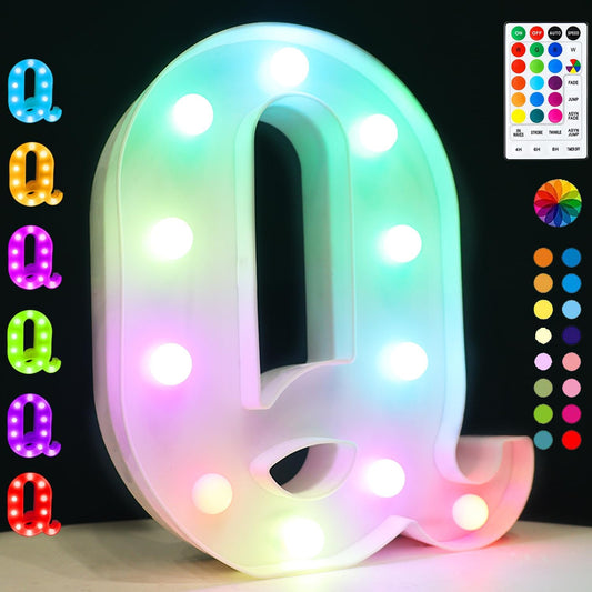 Light Up Colorful LED Marquee Letter lights, 18 Colors Changing Alphabet Letters Sign with Remote Timer for Night Light Girls Bedroom Wedding Birthday Party Lamp Christmas Home Bar Decor- Colorful Q