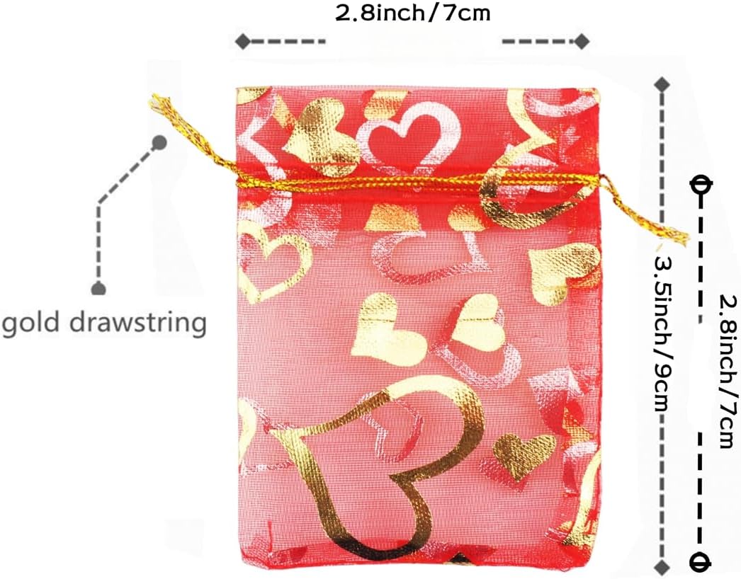 100 Pack 2.8 x 3.5 Inch Flower Heart Organza Jewelry Gift Pouch Candy Pouch Drawstring Wedding Favor Bags B511S (red gold heart)