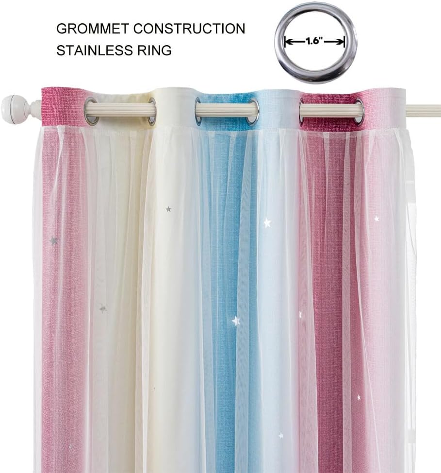 FANLI Ombre Rainbow Blackout Curtains for Kid Girls Bedroom Living Room Darking Stripe Double Layer Star Cut Out Wall Home Decor Gradient Grommet Window Curtains （Blue Purple 52Wx63L）
