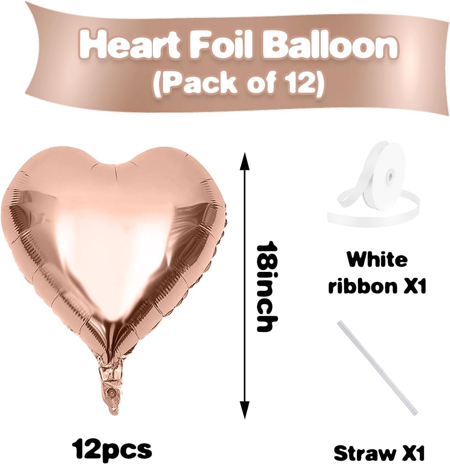 Rose Gold Heart Balloons,12Pcs 18 Inch Rose Gold Aluminum Love Heart Shaped Balloons for Bridal Wedding Engagement Anniversary Birthday Party Baby Shower Valentines Day Decorations