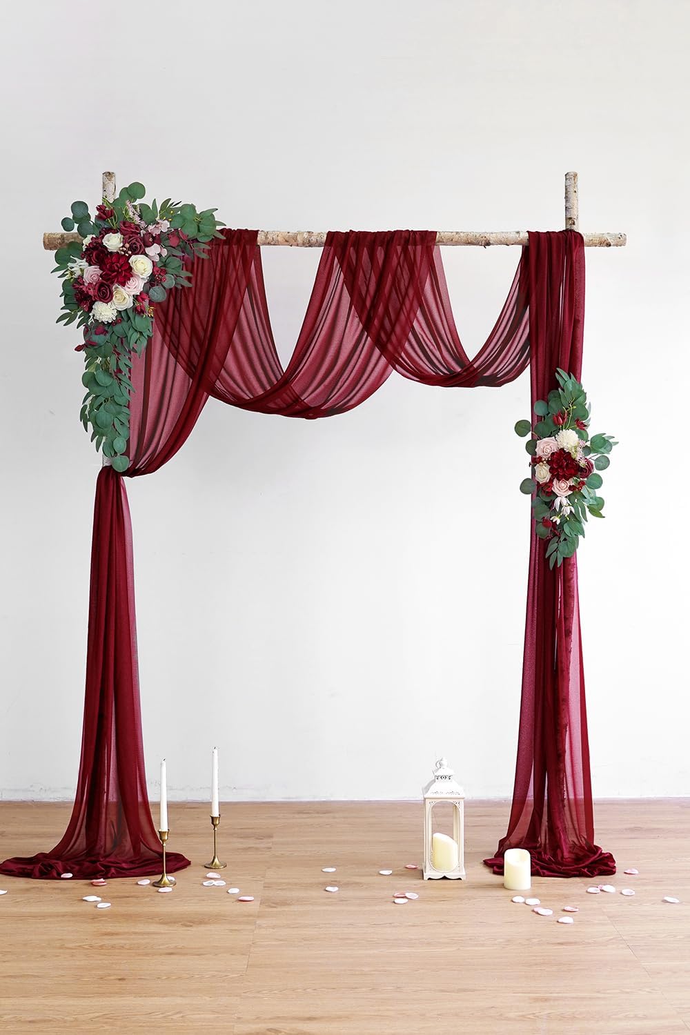 Burgundy Artificial Wedding Arch Flowers Kit (Pack of 3) with 26Ft Burgundy Shiny Arch Draping Fabric for DIY Wedding Party Ceremony Reception Backdrop Floral Decoration
