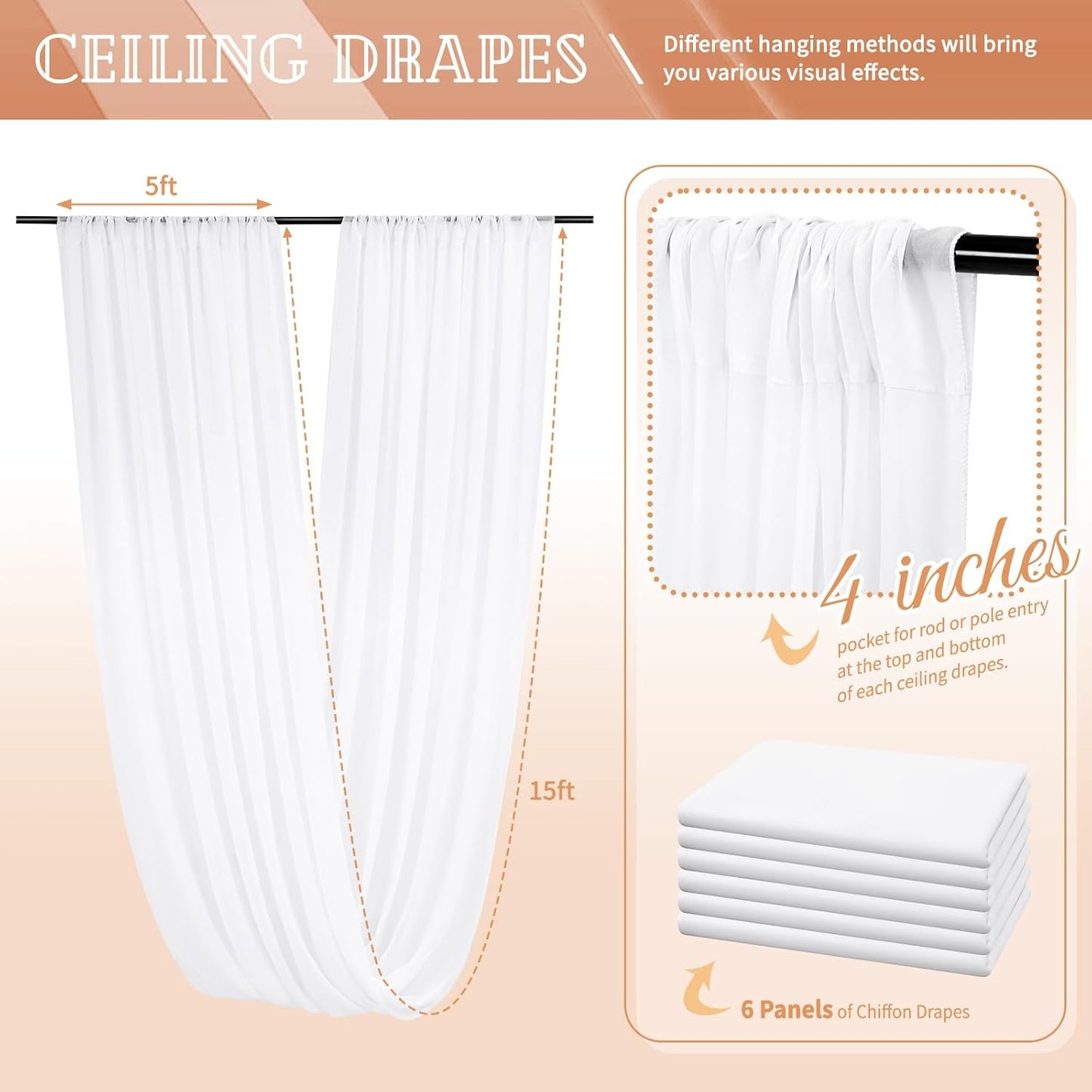 6 Panels White Ceiling Drapes for Wedding 5ftx15ft Sheer Drapery Chiffon Fabric Arch Draping Curtains for Party Ceremony Birthday Baby Shower Reception Stage Ceiling Decorations