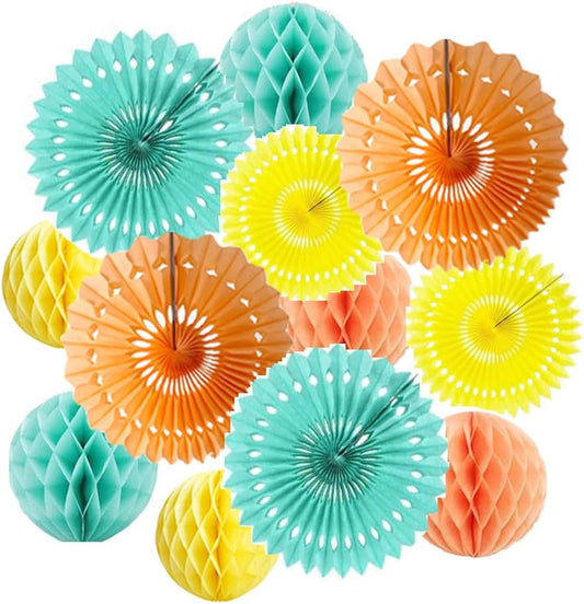 12pcs 6’’ 8’’ Honeycomb Balls Tissue Paper Fans Party Honeycomb Ball Fans Wall Tissue Pom Poms Flower Balls Hanging Paper Fans for Party Baby Shower Birthday Wedding Nursery Decor(Yellow Orange kit)