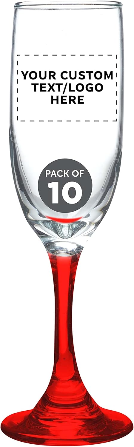 DISCOUNT PROMOS Custom Premiere Champagne Flutes 6.25 oz. Set of 10, Personalized Bulk Pack - Elegant Drinkware for Weddings, Events, & Promotional Gifts - Red