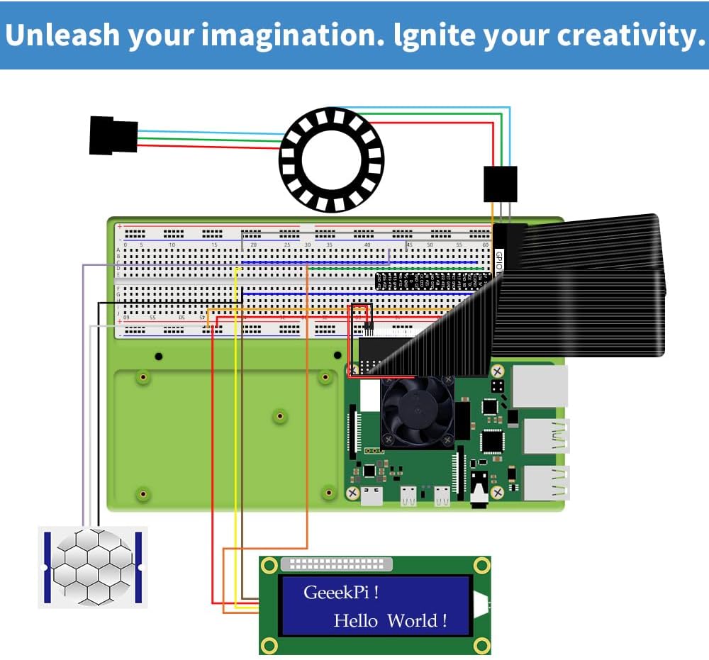 GeeekPi Complete Starter Kit for Raspberry Pi 4B, Python C Java Scratch Code, with 100-Page Tutorial, 16 Projects, 68 Items, ABS Breadboard Holder, Camera Module, Sound Sensor (Pi Board Not Included)