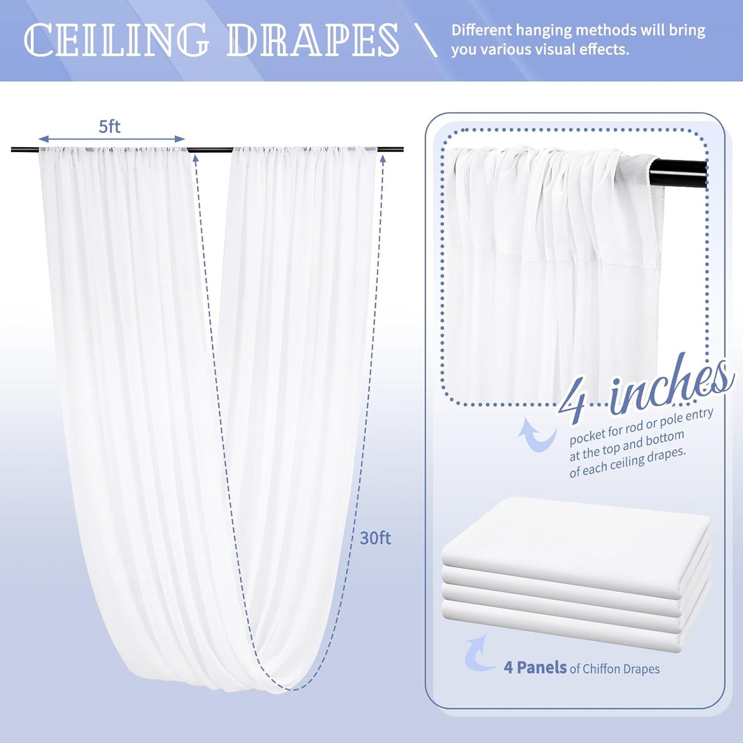 4 Panels White Ceiling Drapes for Wedding 5ftx30ft Sheer Drapery Chiffon Fabric Arch Draping Curtains for Party Ceremony Birthday Baby Shower Reception Stage Ceiling Decorations
