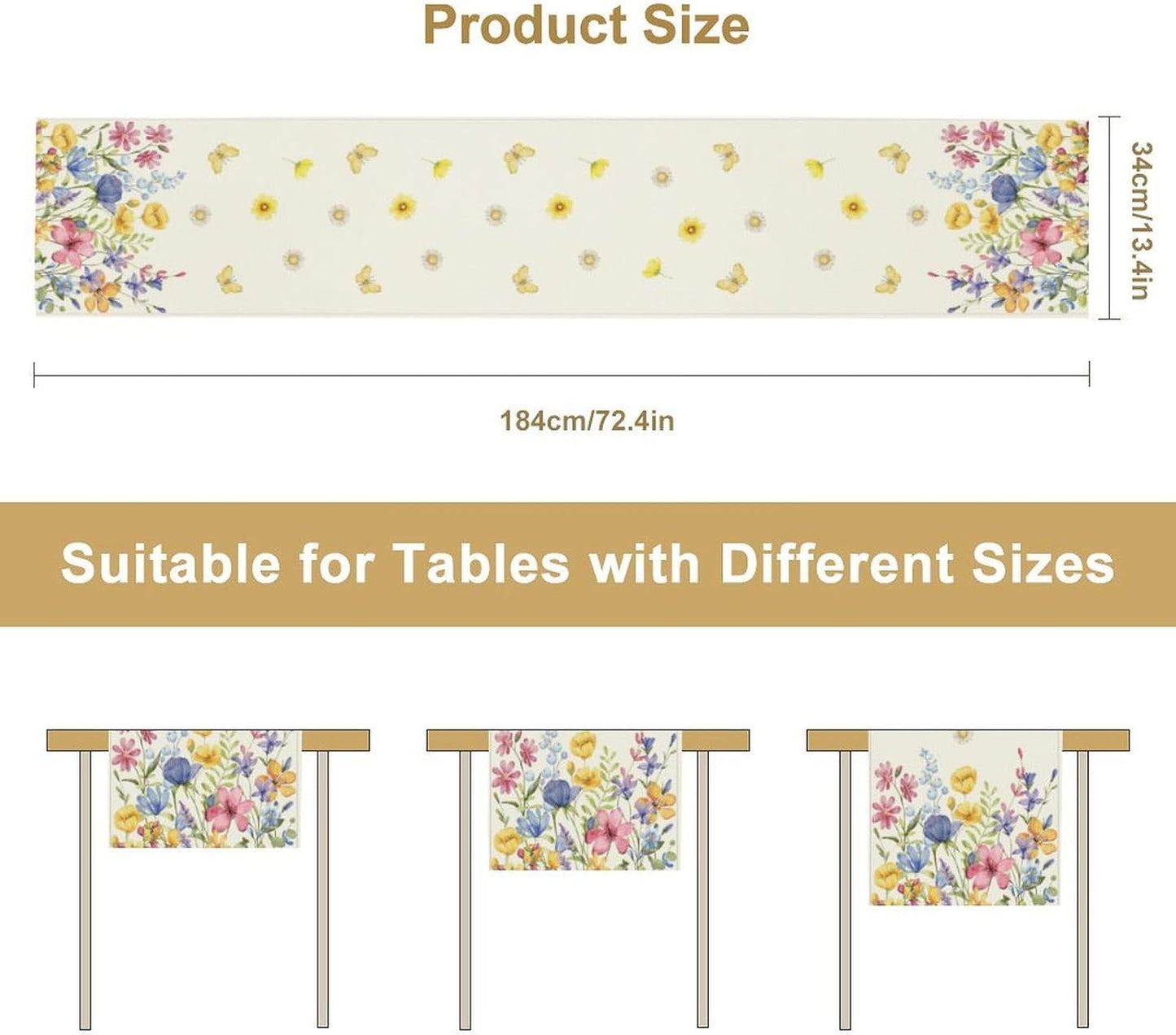 Flower Table Runner, Colorful Watercolor Pink Flower Plants Nature Butterfly Table Runner for Kitchen Dinner Living Room Home Party, 13x60 Inch
