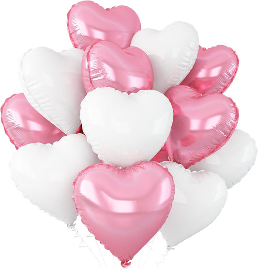Pink White Heart Balloons,12Pcs Light Pink Heart Shaped Foil Balloons,18Inch White Helium Polyester Film Balloon for Baby Shower Birthday Anniversary Wedding Party Decorations