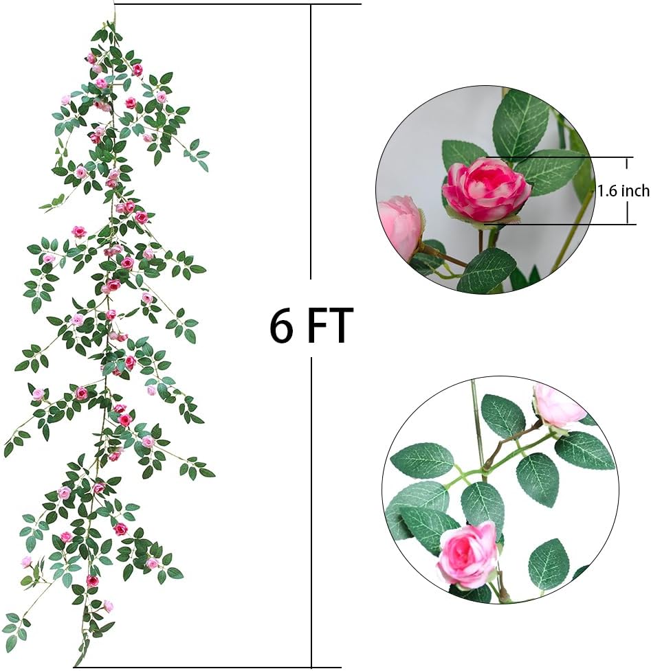 6FT Bendable Rose Vine with Butterflies, Wildflower Garland Hanging Floral Garland for Wall Decor Trellis Fence Home Room Decoration (Pink, 1pc)
