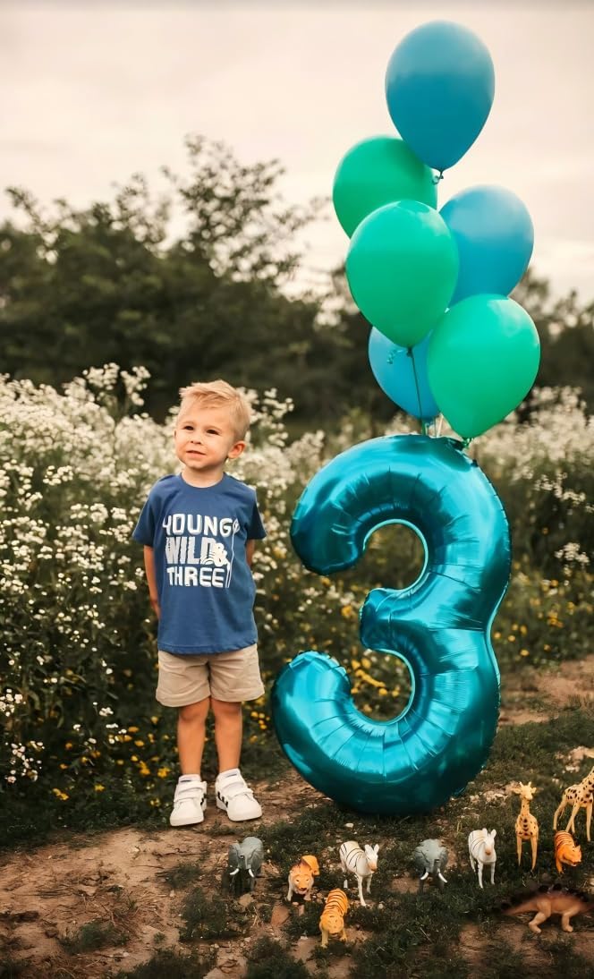 40 Inch Blue 3 Large Number Balloon, 3 13 23 30 33 36 Blue Birthday Party Decorations, Number Three Foil Balloons for Anniversary Party Graduations Celebration Supplies