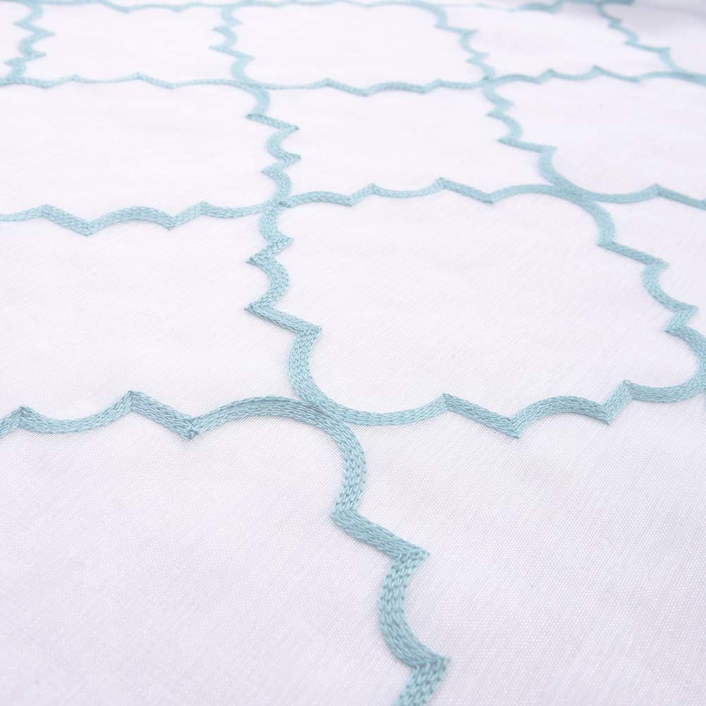 Blue Sheer Curtains 84 Inches Long, Moroccan Embroidered Rod Pocket Sheer Drapes for Living room, Bedroom, 2 Panels, 52"x 84", Semi Crinkle Voile Window Treatments for Yard, Patio, Villa, Set of 2.