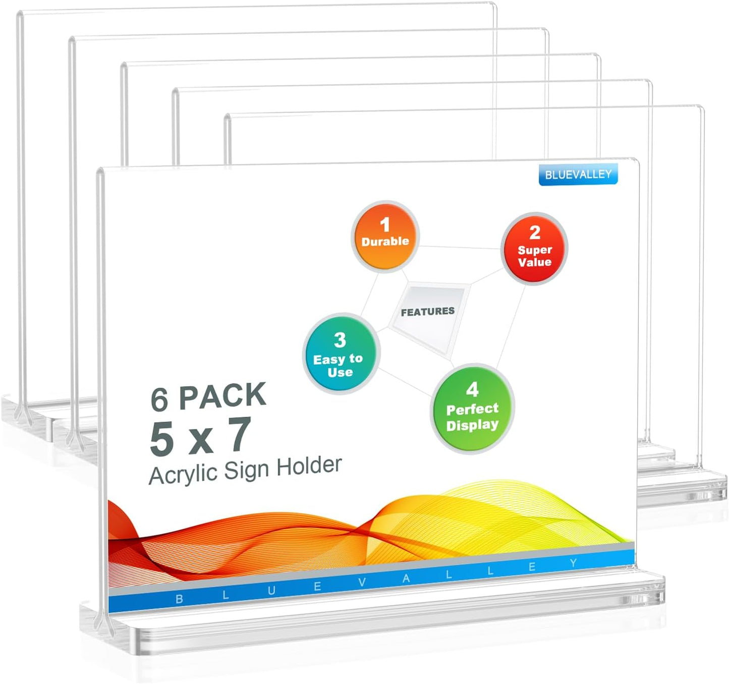 BlueValley Acrylic Sign Holder 7x5 - Double Sided Sign Stand Clear Paper Display Holder for Menu, Flyer, Document or Picture | Desktop Plastic Frame for Office, Store, Restaurant, Show Fair - 6 Pack