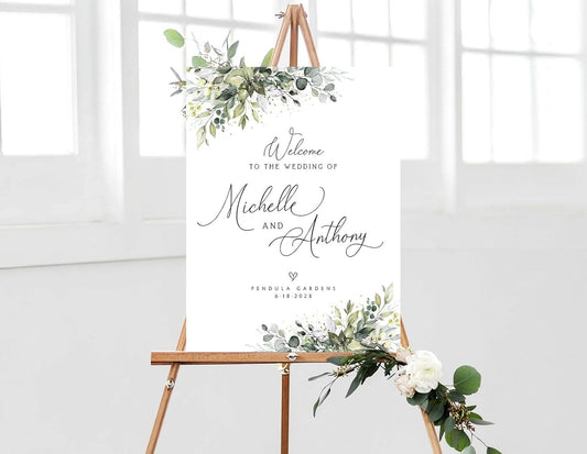 Personalized Wedding Welcome Sign, Greenery Eucalyptus Wedding Sign Signage 12" X 18" (Small), 27" (Medium), 36" (Large), Plastic, Modern, Pole Mount, Weather