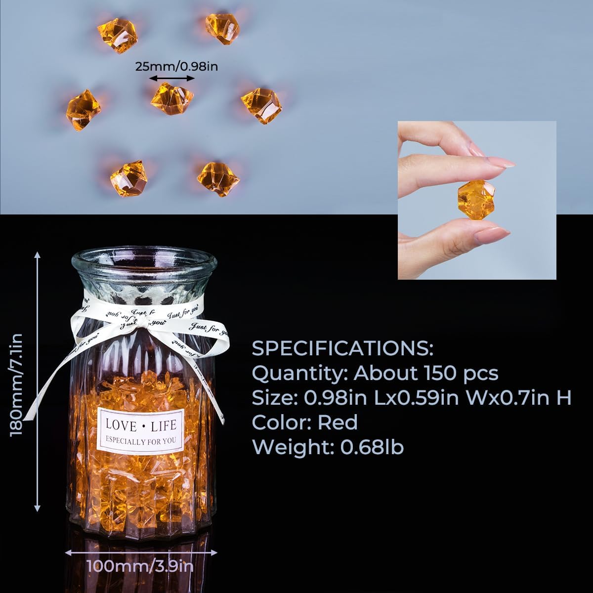Babenest Acrylic Crushed Ice Rocks, 150 PCS Fake Crystals Plastic Ice Cubes Diamonds Gems for Vase Fillers, Home Decoration, Table Scatter, Event, Wedding, Arts & Crafts (Orange)