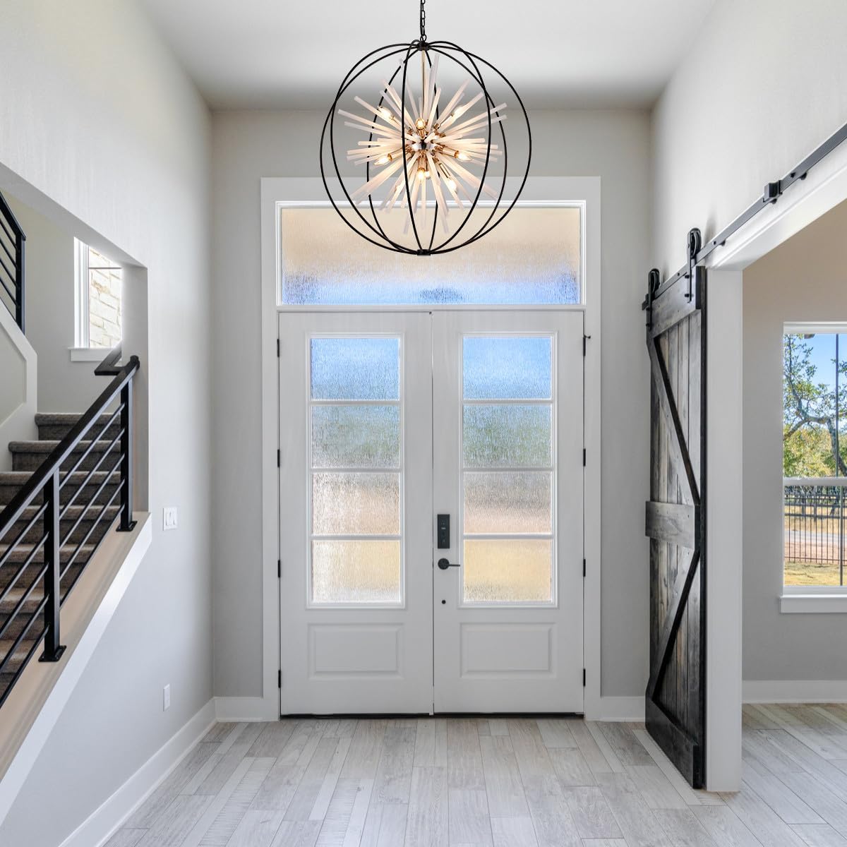 31.5" Black Gold 16-Light Globe Sputnik Chandelier Modern Industrial Adjustable Hanging Ceiling Pendant Light Fixture for Entryway Foyer Stairway Dining Living Room Hallway