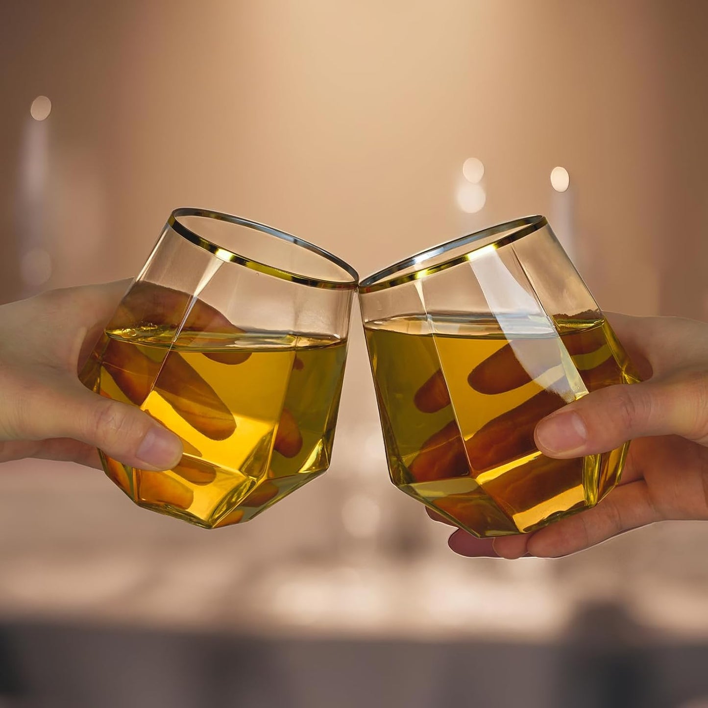 Goodluck 40 PCS Diamond Stemless Plastic Wine Whiskey Glasses, 12 Oz Disposable Cocktail Glasses, Suitable for Weddings, Birthday Parties, Family Gatherings, Bars, etc （Gold rimmed cups）