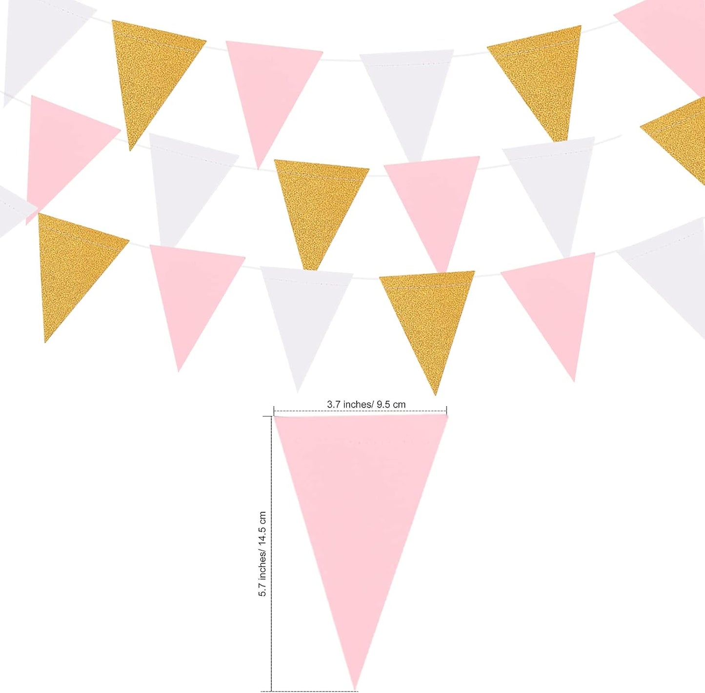 MerryNine Triangle Flag Bunting Banner, 3 Pack 30 Feet Vintage Style Pennant Banner for Wedding, Baby Shower, Event & Party Supplies 45pcs Flags (Triangle Flag - Pink White Gold Glitter)