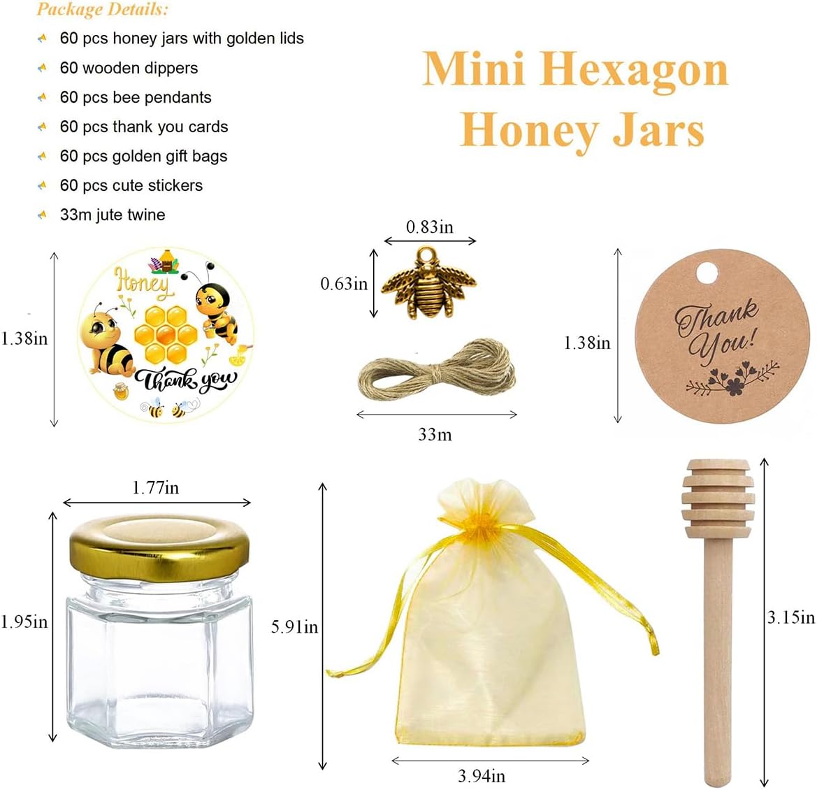 IIKUM 60 Pack 1.5 oz Hexagon Mini Glass Honey Jars with Wooden Dippers, Bee Pendants, Gift Bags, Thank You Cards, Jutes and Cute stickers- Perfect for Baby Shower, Wedding Favors and Party Favors