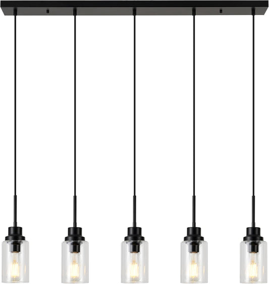 Black Dimmable Pendant Lighting for Kitchen Island, 5-Light Modern Pendant Lights for Kitchen Restaurant Living Room with Clear Glass Shade