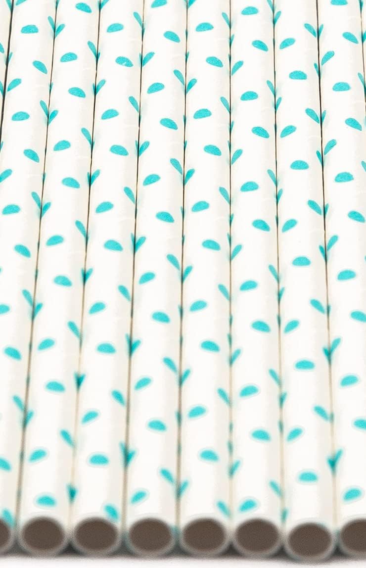 Pack of 900 Teal Blue Polka Dot Biodegradable 4-Ply Paper Drinking Straws (Compostable, Non-toxic, BPA-free)