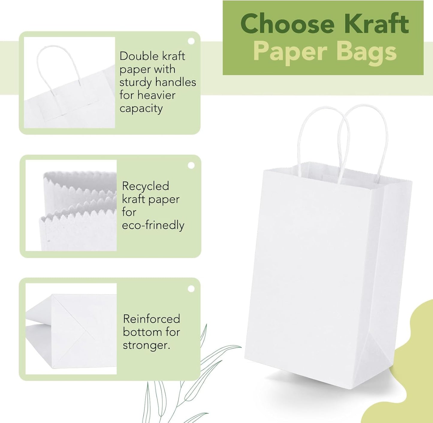 MESHA Kraft Gift Bags 200 Pack 5.25x3.75x8 Inch Small White Paper Bags with Handles Bulk for Small Business,Birthday,Party,Wedding,Retial,Shopping Bag