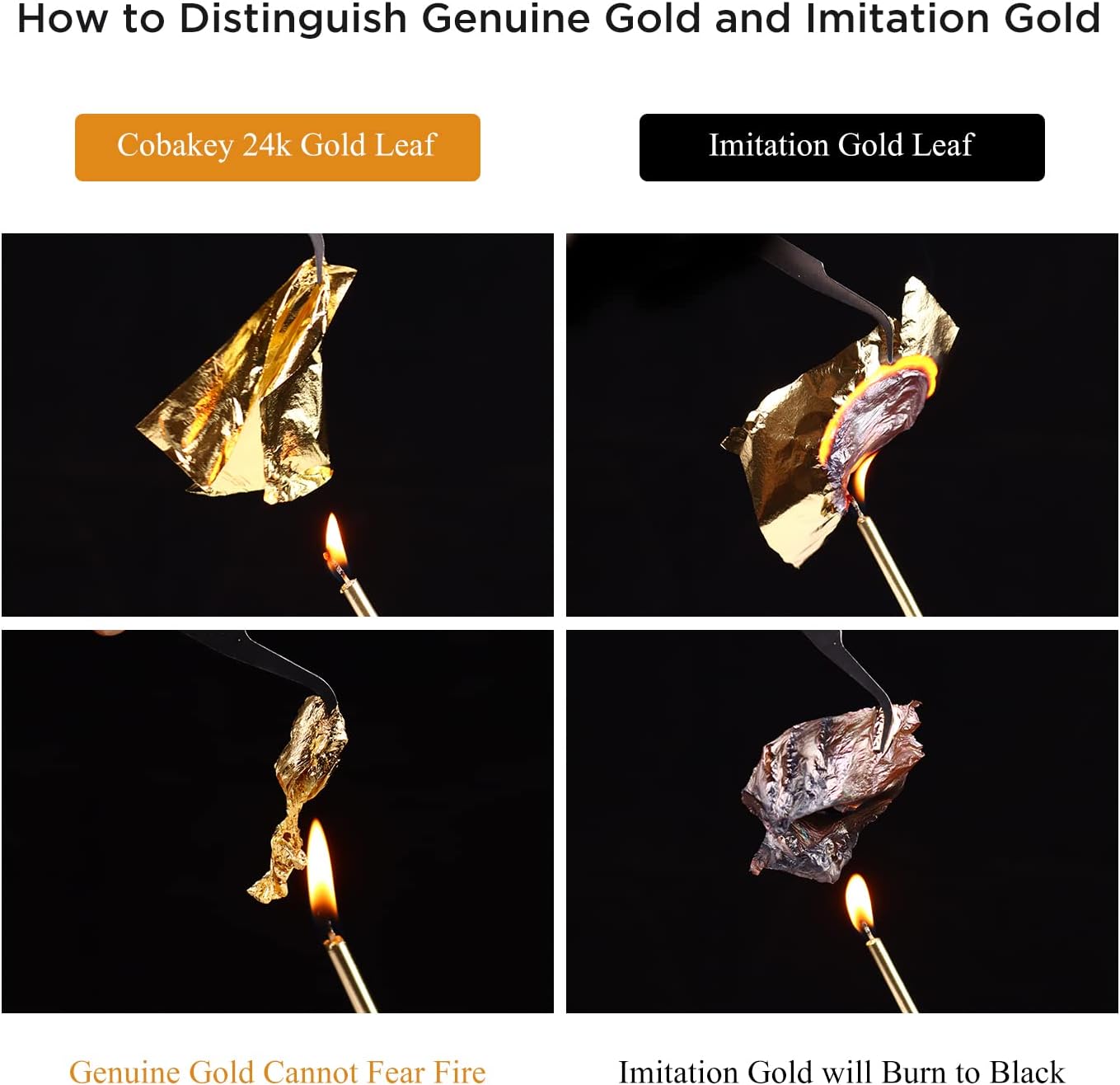 Cobakey Genuine Edible Gold Leaf Flakes - 50mg Edible Gold Flakes for Cake Decoration (Cupcake, Chocolate, Steak, Drink & Cooking), PureGold Leaf with Edible Glitter & Wooden Tweezers