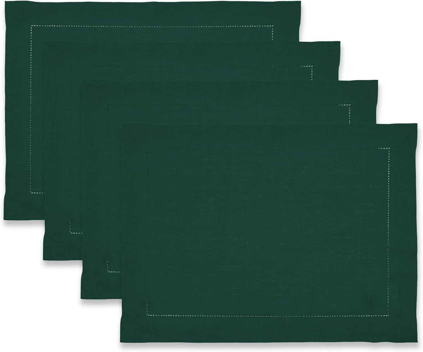 100% Pure Linen Green Placemats 14 x 19 Inch - Hemstitch Christmas Placemat Set of 4 - Cloth Fabric Napkins for Thanksgiving, Winter, New Year - Elara