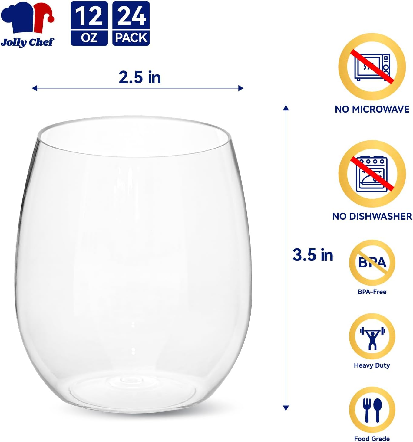 JOLLY CHEF 24 Pack 12 Oz Disposable Plastic Wine Glasses. Shatterproof, Unbreakable, Crystal, Stemless Plastic Wine Cups for Party, Halloween, Christmas